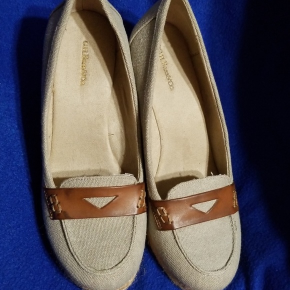 Bass Wedge Shoes Canvas Gray Tan Brown Loafer 8.5M - Picture 4 of 5